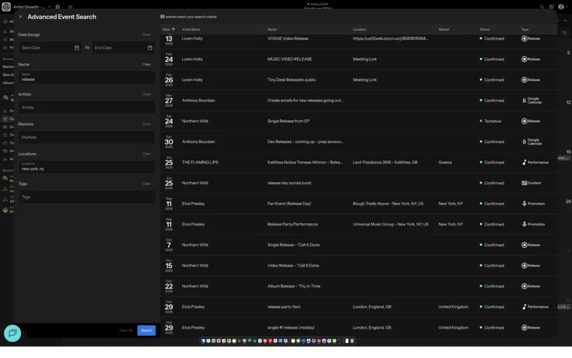 Advanced event search: a filter panel for dates, artists, markets, locations and tags beside the matching results, each row showing date, artist, venue, status and event type.