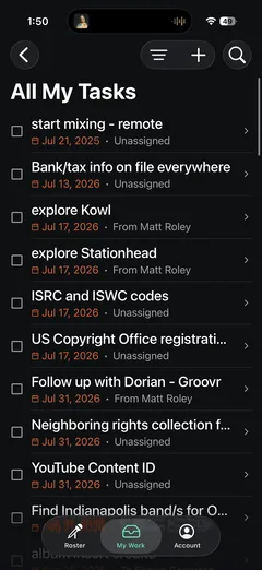 The mobile task list — every task assigned across the roster, each with a due date and the person it came from.