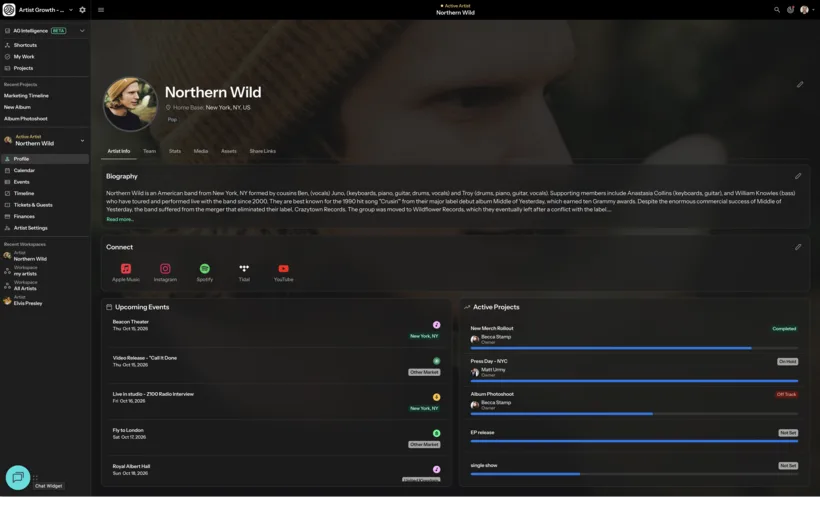 Artist profile page with the biography, linked streaming and social accounts, a list of upcoming events and active projects with progress bars.
