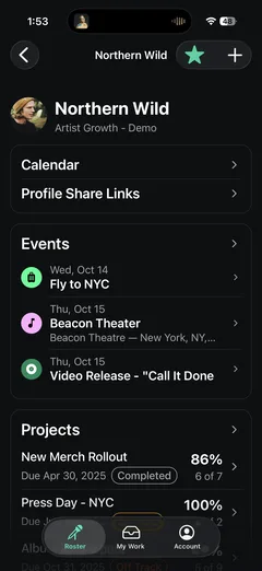 The mobile artist screen: shortcuts into the calendar and share links, the next few events, and project cards showing completion percentages.