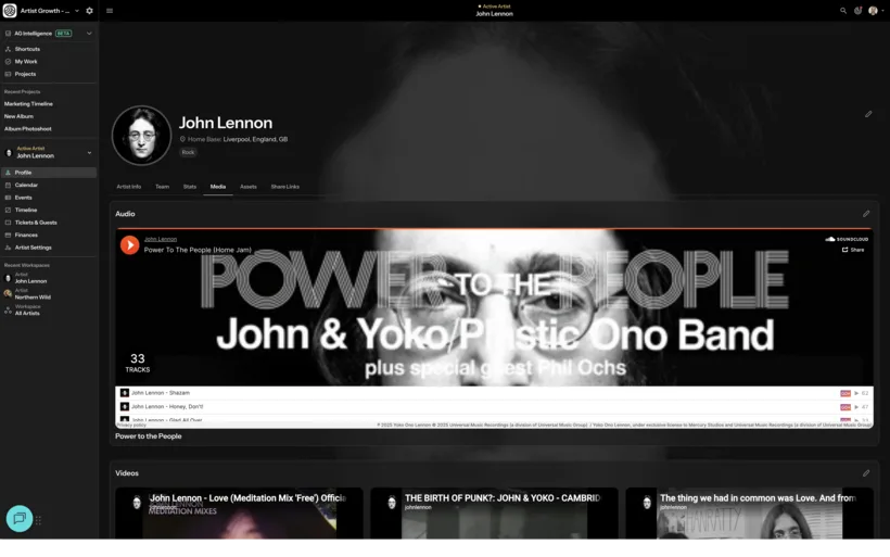 The Media tab of an artist profile, with a playable embedded audio player above a row of embedded video thumbnails.
