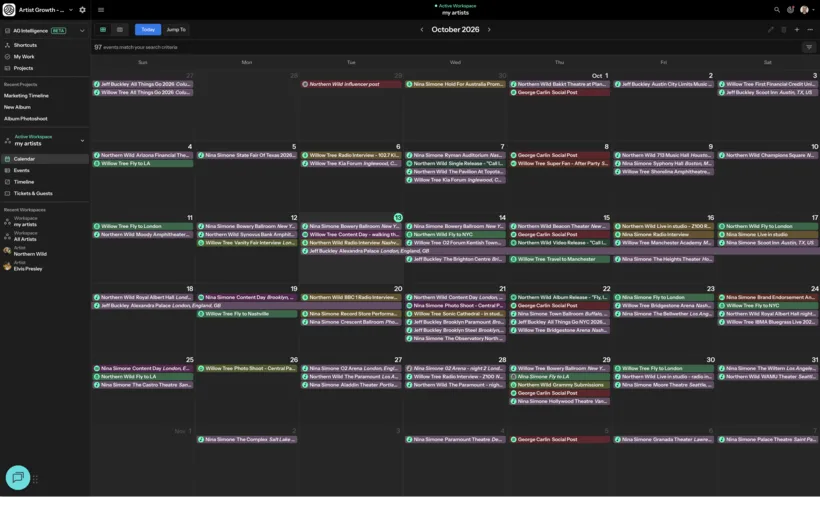 Month calendar across the whole roster, every weekday carrying several colour-coded bookings, with a count of matching events above it.