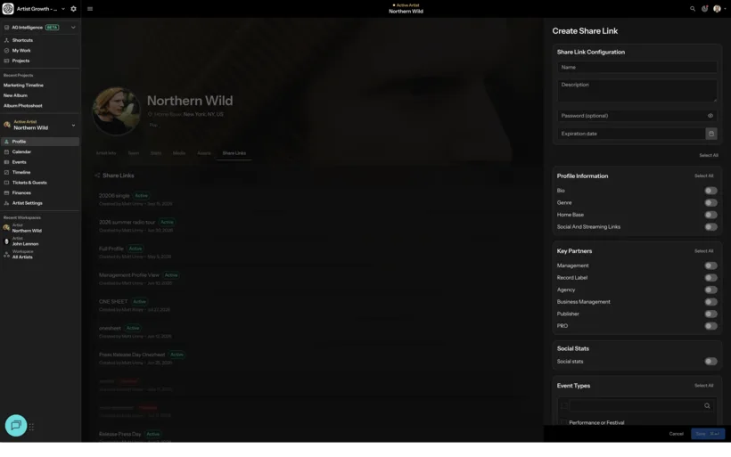 The create-share-link panel: fields for name, description, optional password and expiry date, with per-section toggles controlling exactly what a recipient sees.