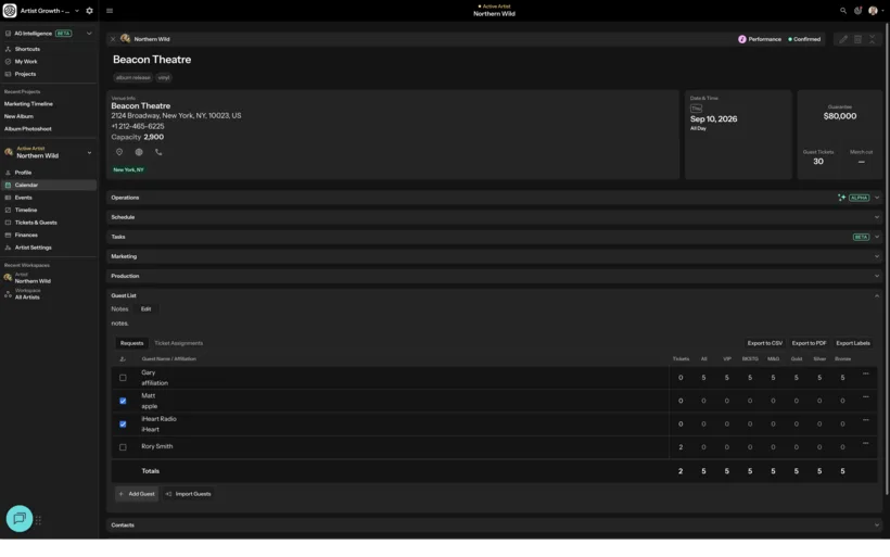 The guest list section of an event, listing requests by name and affiliation with ticket counts per tier, approval checkboxes and export controls.