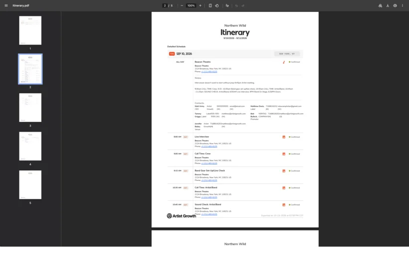 A generated itinerary document — one day's detailed schedule with venue, contacts and timed call entries, branded and laid out for sharing.