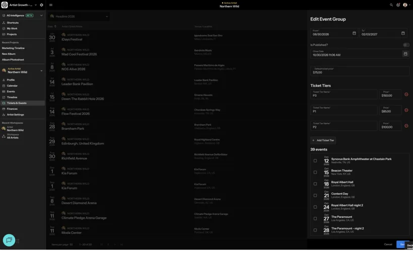 The event group editor: named ticket tiers with their prices, beside the list of events the group covers.