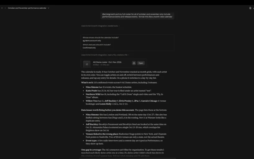 An AI chat window connected to Artist Growth over MCP, answering a plain-language request for a roster calendar and summarising the events it found per artist.