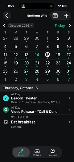 The mobile month calendar, a dot marking every day with activity, and the selected day's events listed beneath it.