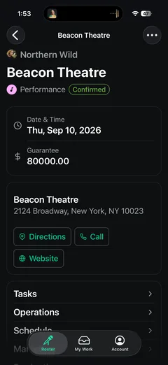 The mobile event screen for a confirmed performance: date, guarantee, venue address with directions, call and website actions, and sections for tasks, operations and schedule.