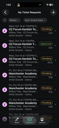 The mobile ticket requests list, filtered and sorted by event date, each row showing the show, venue, artist, ticket count and whether the request is pending or approved.