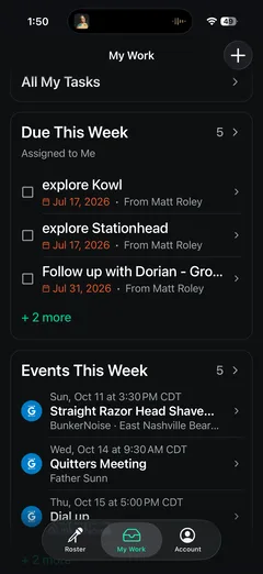The mobile My Work screen: tasks due this week with their dates and who assigned them, above the week's upcoming events.