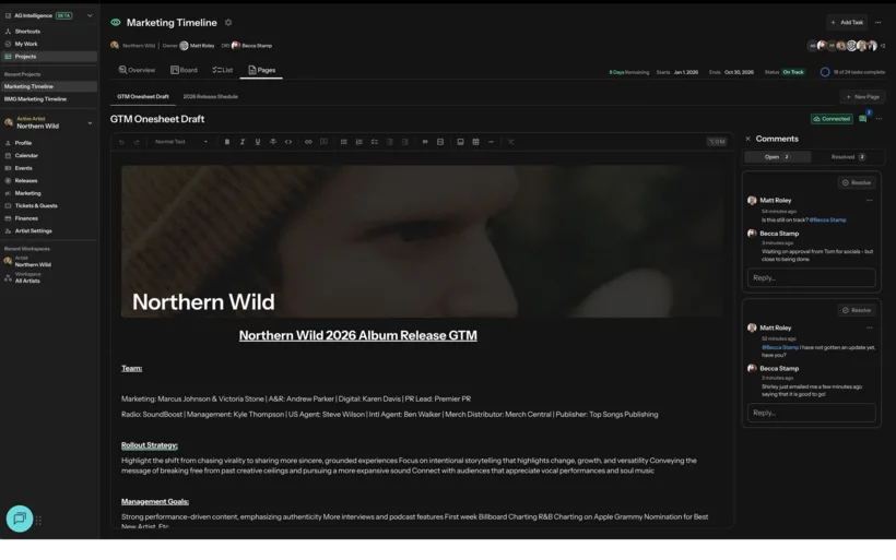A project page open in the editor — a rich-text go-to-market one-sheet with a formatting toolbar and a live connection indicator — beside a comments panel holding open and resolved threads.