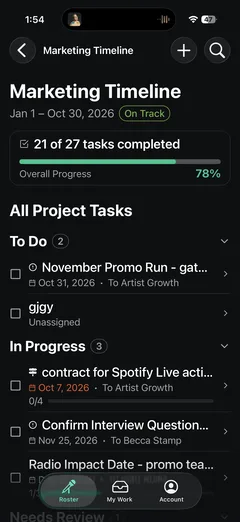 The mobile project screen: overall progress with a completed-task count and bar, and tasks grouped into to-do, in progress and needs review.