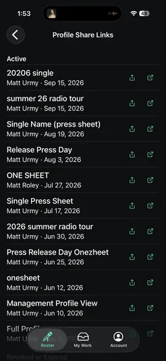 The mobile profile share links list, each entry showing who created it and when, with buttons to copy or open the link.