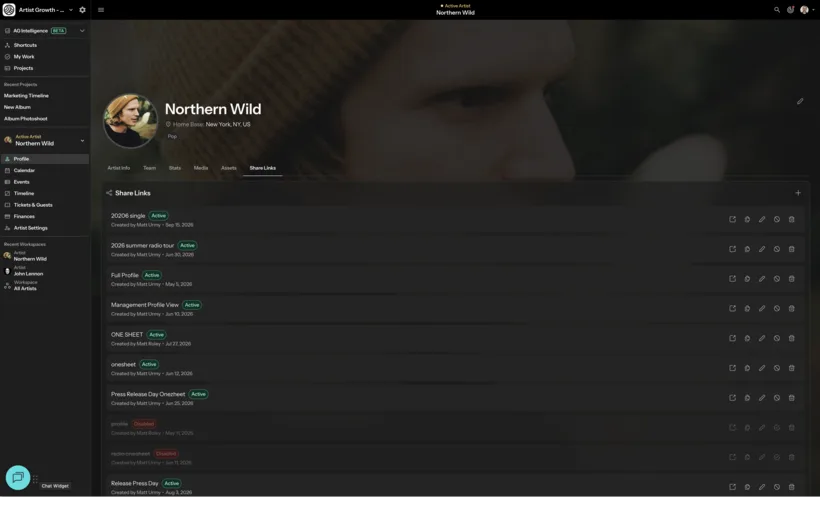 The Share Links tab, listing named profile links — press sheets, one-sheets, a radio tour view — each with its creator, date, and active or disabled state.