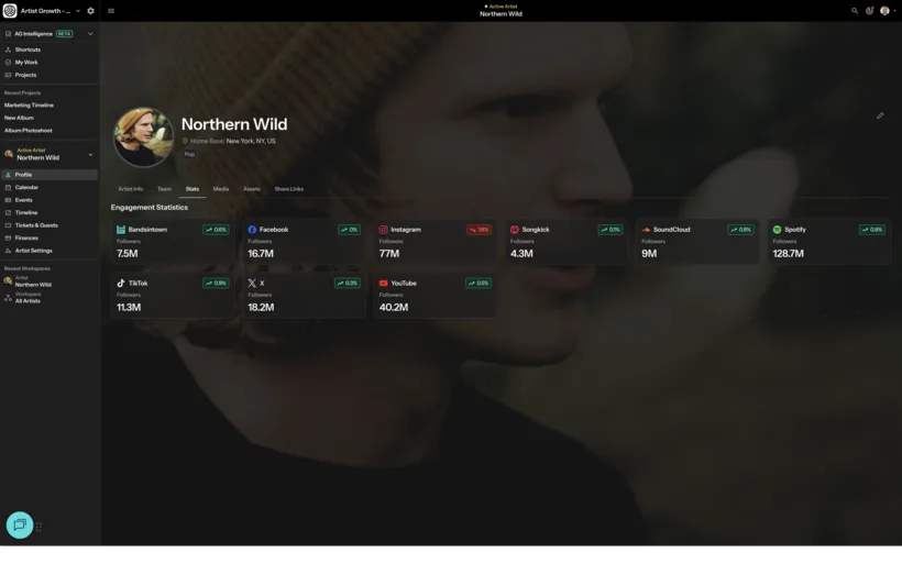 Engagement statistics on an artist profile: follower totals and trend percentages side by side across Bandsintown, Facebook, Instagram, Songkick, SoundCloud, Spotify, TikTok, X and YouTube.