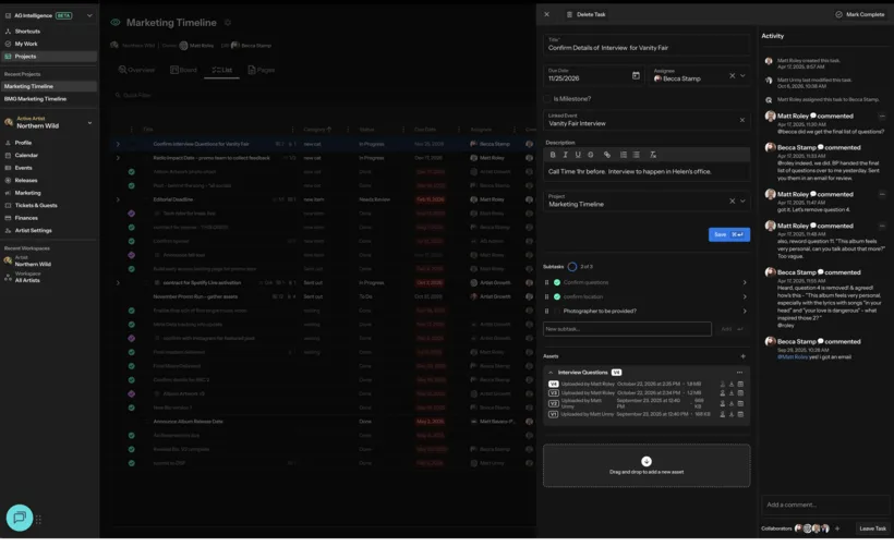 A project task list with one task open in a side panel — description, linked event, subtasks and four versioned file attachments — beside a threaded activity feed where the team works the task out in comments.