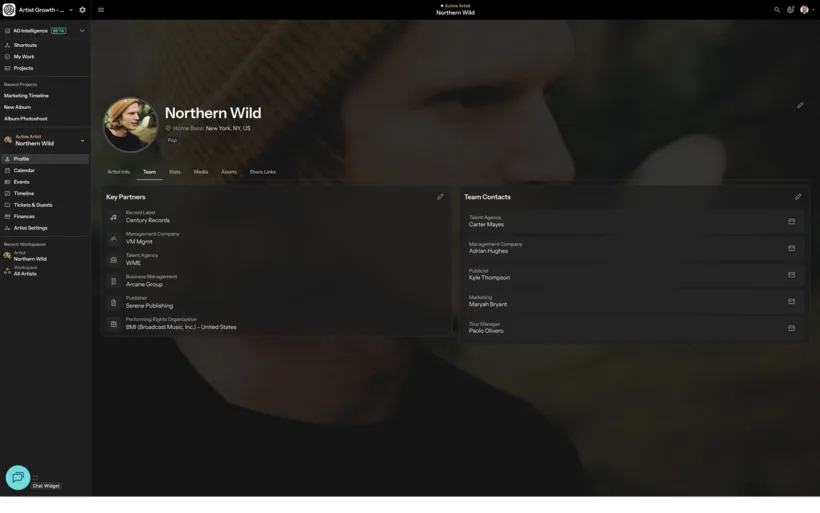 The Team tab of an artist profile, pairing key partners — label, management, agency, business management, publisher, PRO — with a named contact for each role.