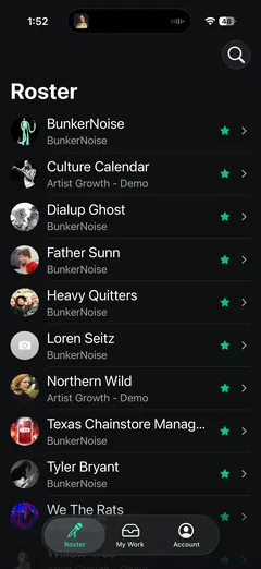 The mobile roster screen: a scrollable list of artists with their artwork, parent organisation and a favourite star.