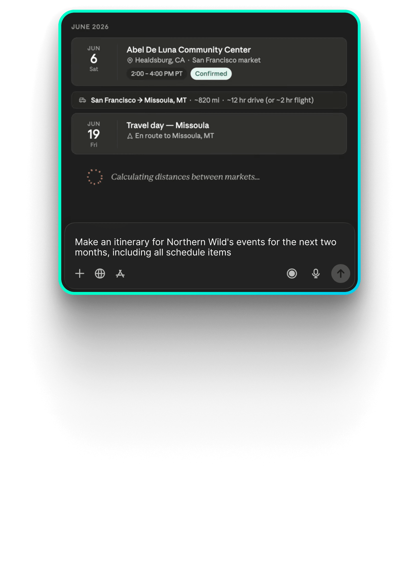AI chat answering a prompt for a two-month tour itinerary, listing confirmed dates, travel legs, and drive times