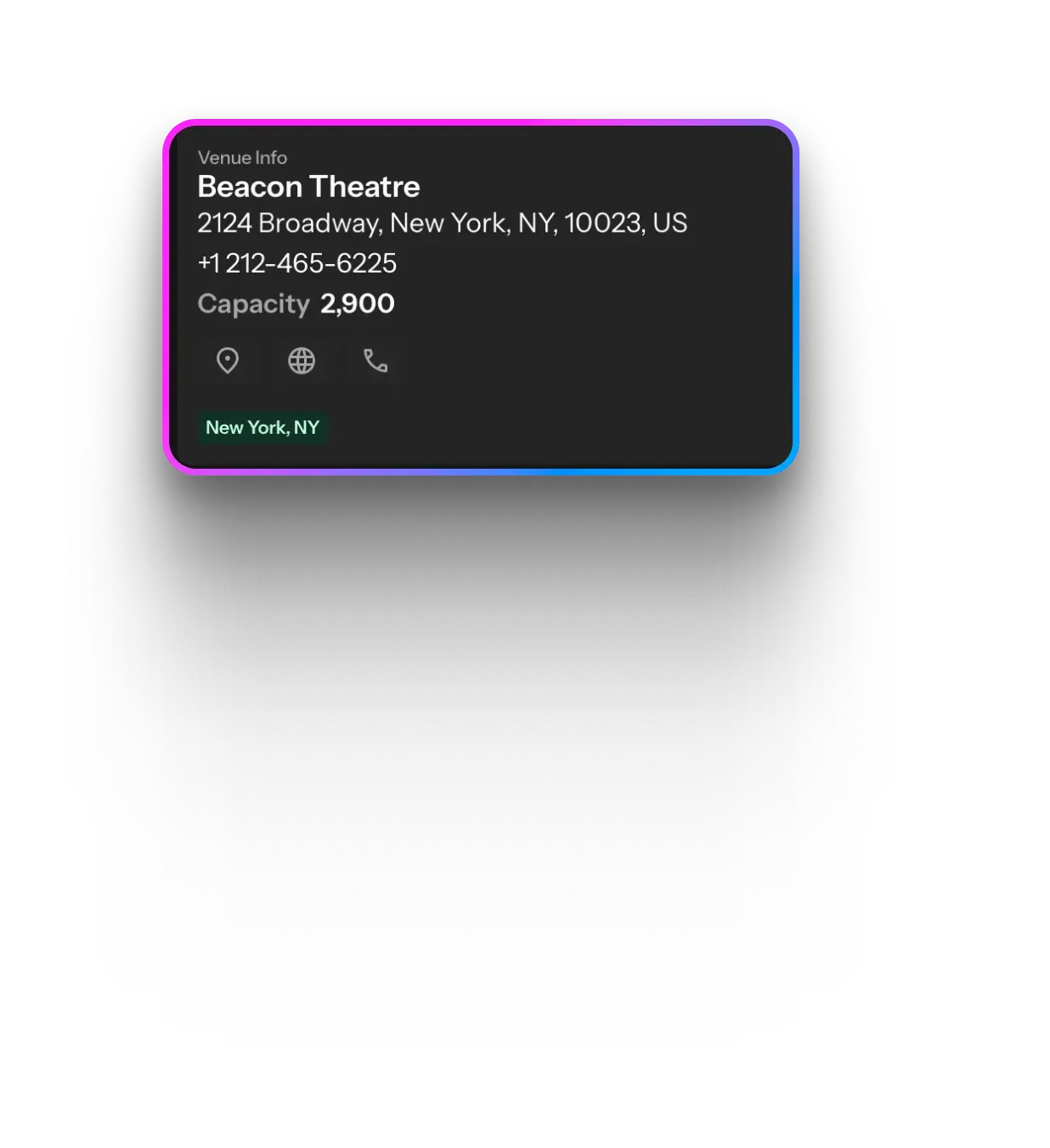 Venue info card with address, phone number, and 2,900 capacity