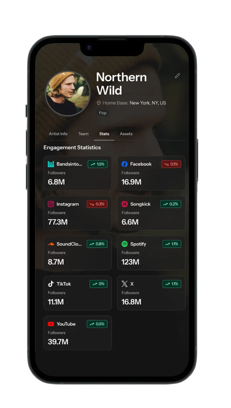 Artist profile on mobile, showing follower counts and engagement change across nine platforms
