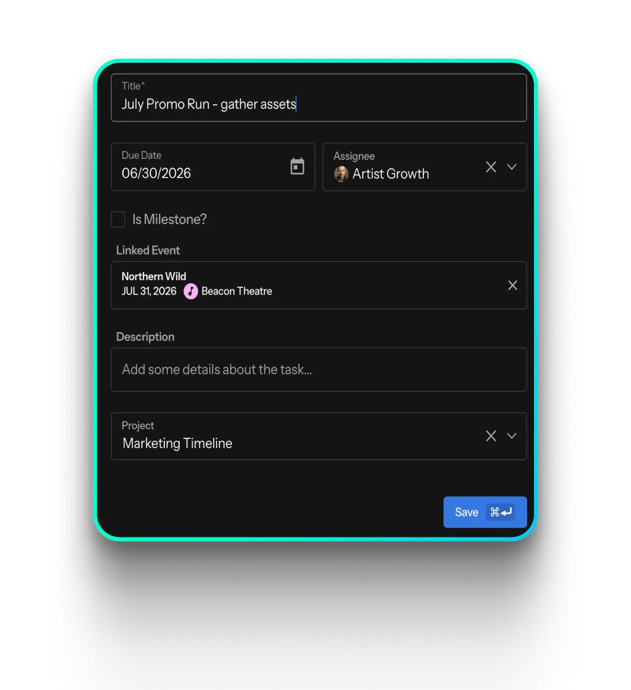 Task dialog with due date, assignee, a linked show, and the parent project
