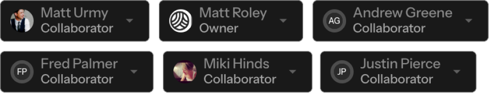 Six team members on an artist's roster, one set as Owner and the rest as Collaborators